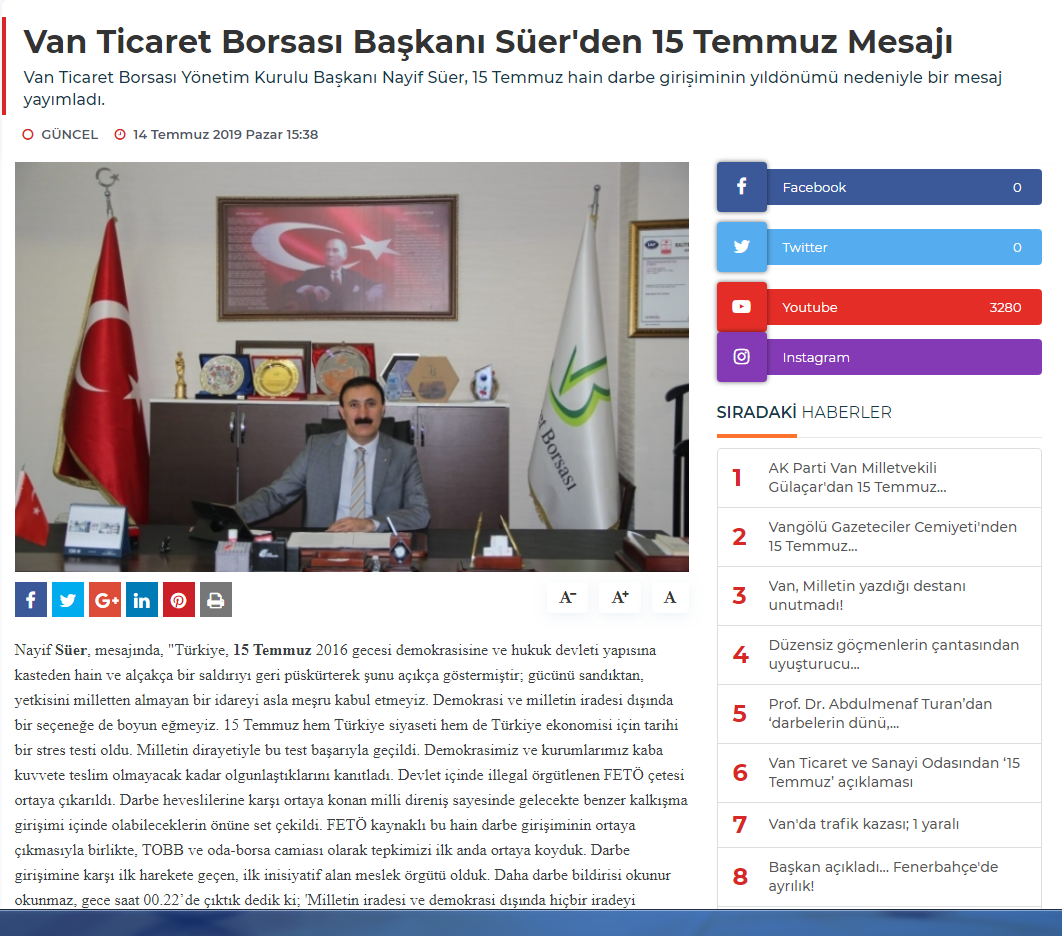 BAŞKANIMIZ NAYİF SÜER'İN 15 TEMMUZ MİLLİ BİRLİK VE DEMOKRASİ GÜNÜ MESAJI