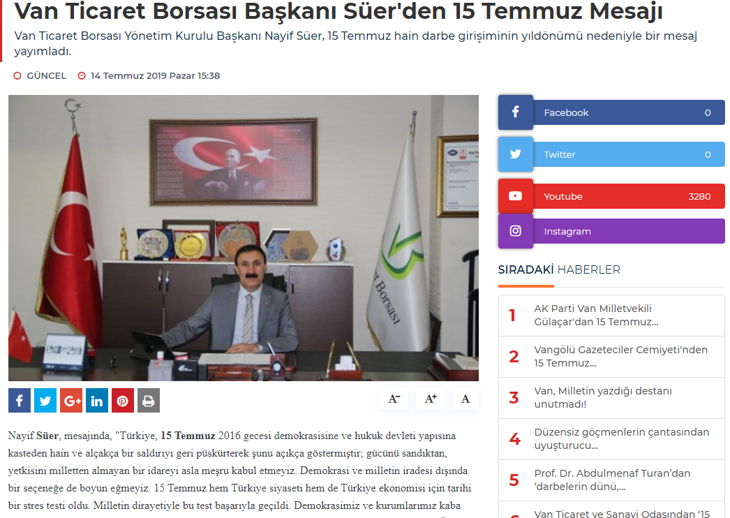 VAN TİCARET BORSASI BAŞKANI SÜER'DEN 15 TEMMUZ MESAJI