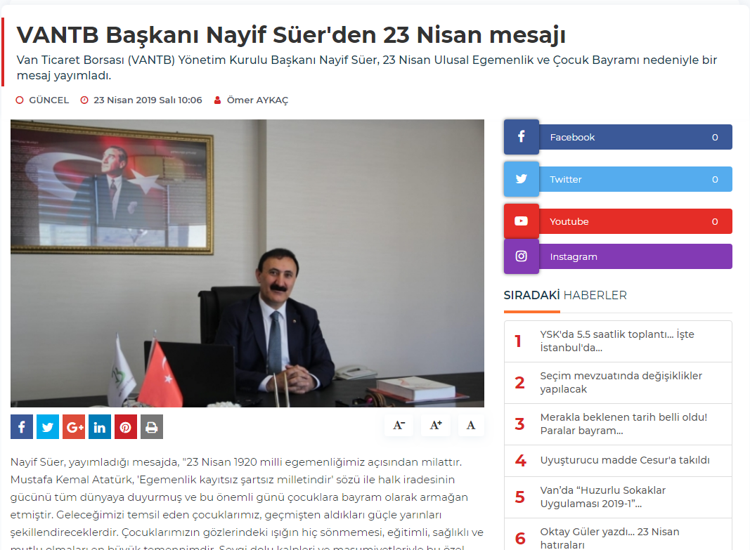 VANTB BAŞKANI NAYİF SÜER'DEN 23 NİSAN MESAJI