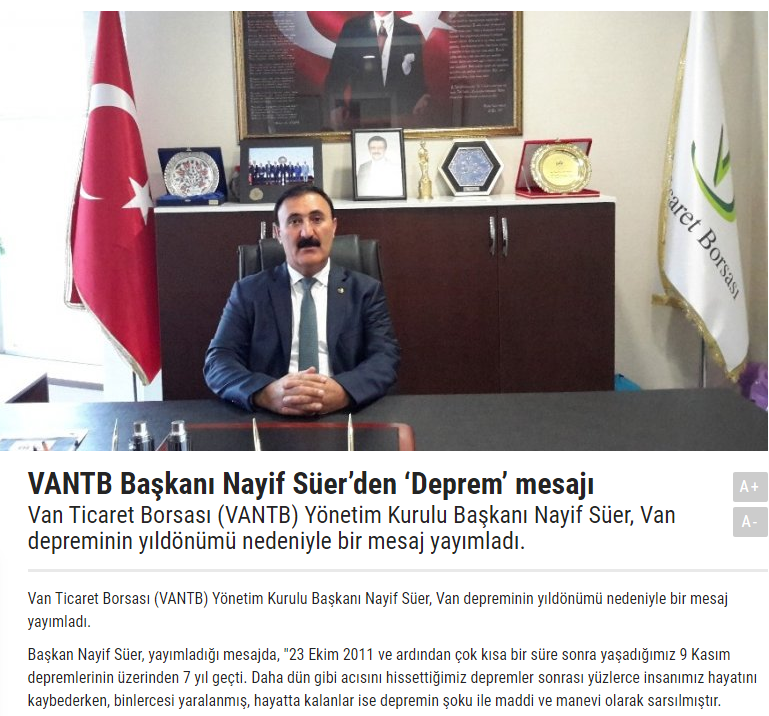 VANTB BAŞKANI NAYİF SÜER'DEN DEPREM MESAJI