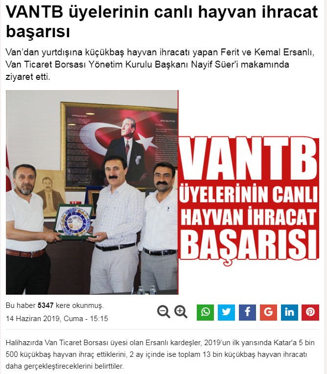 VANTB ÜYELERİNİN CANLI HAYVAN İHRACAT BAŞARISI