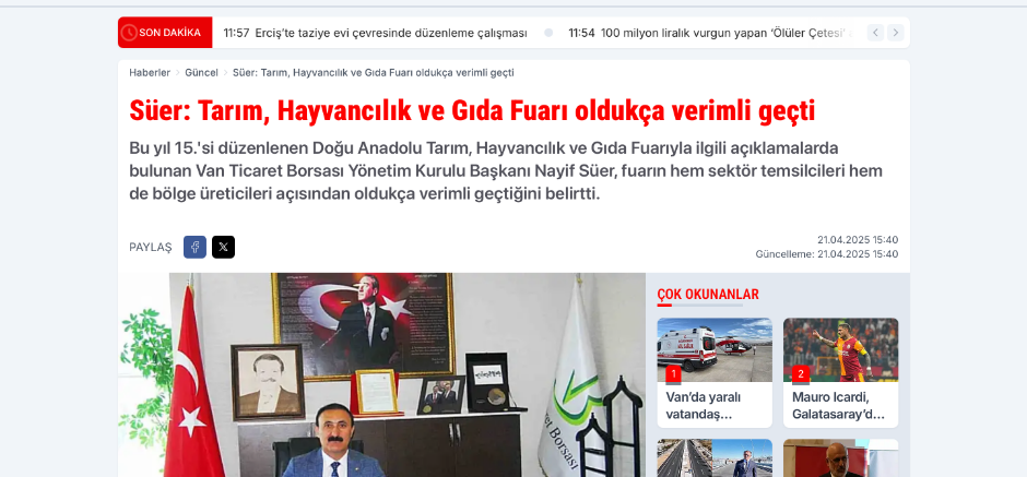 15. Tarım, Hayvancılık ve Gıda Fuarı Sona Erdi: Nayif Süer’den Sektörel Değerlendirme