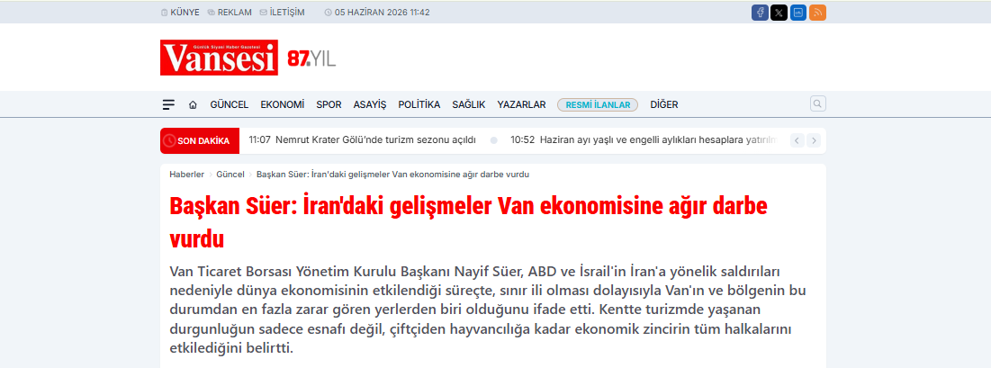 Başkan Süer: İran'daki gelişmeler Van ekonomisine ağır darbe vurdu