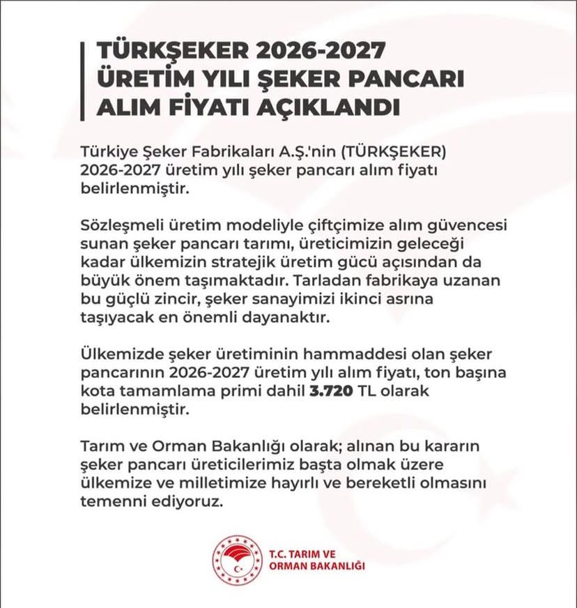 TÜRKŞEKER 2026-2027 ÜRETİM YILI ŞEKER PANCARI ALIM FİYATI AÇIKLANDI 