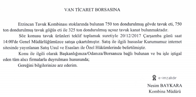 VAN ET KOMBİNASI MÜDÜRLÜĞÜ\'NDEN TAVUK ETİ SATIŞI İLE İLGİLİ DUYURU