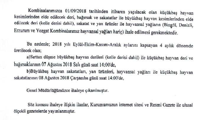 VAN ET KOMBİNASI GENEL MÜDÜRLÜĞÜ\'NDEN DUYURU