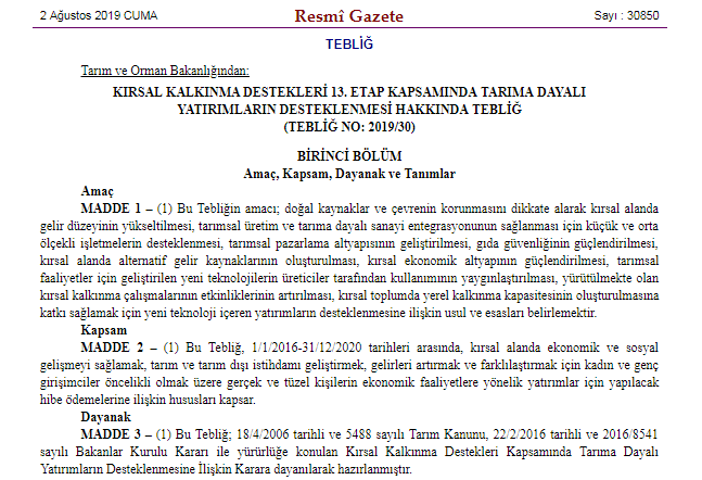 KIRSAL KALKINMA DESTEKLERİ 13. ETAP KAPSAMINDA TARIMA DAYALI YATIRIMLARIN DESTEKLENMESİ HK. TEBLİĞ